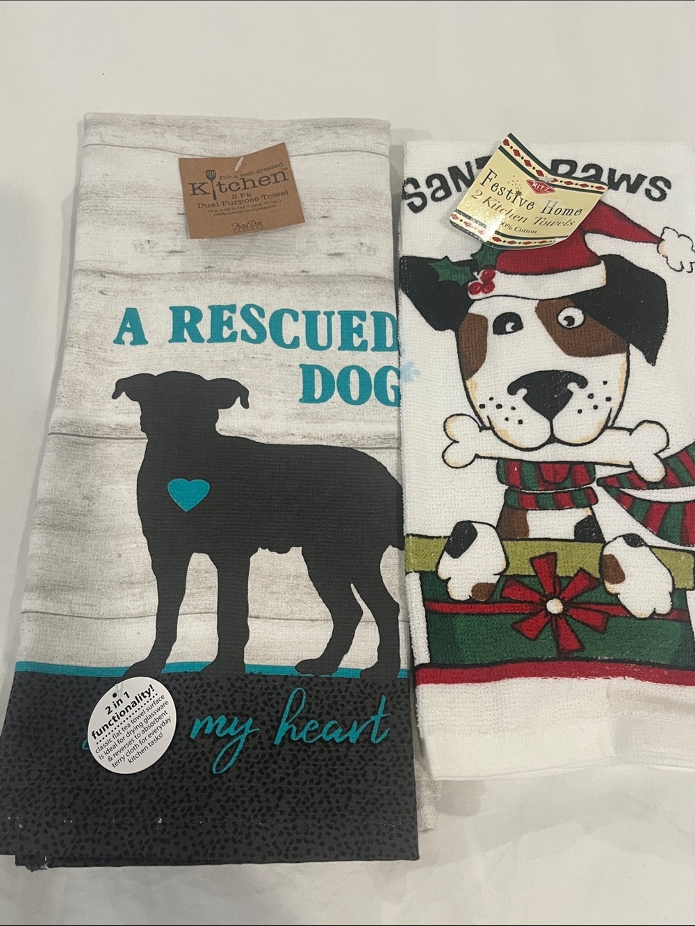 A Rescued Dog stole my heart & Santa paws Kitchen Towel set 4x  NWT